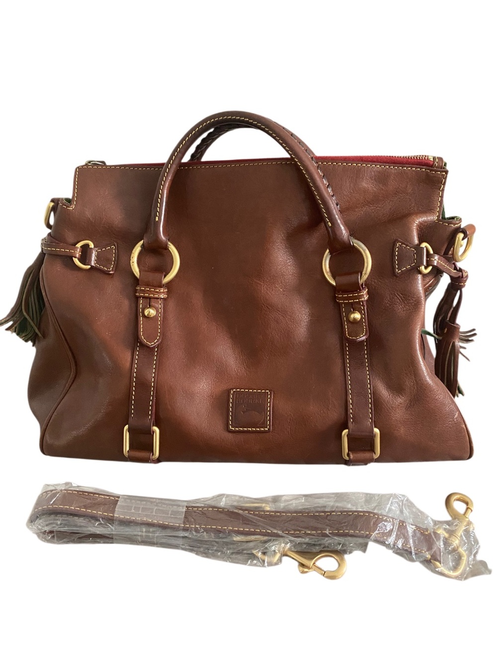 Dooney & Bourke Brown Leather Satchel with Gold Hardware and Tassel